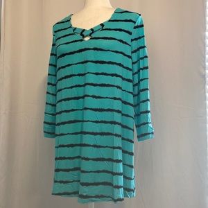 Turquoise striped Kim Rogers stretchy rayon and spandex, long sleeve tunic top